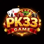 PK33 Game logo with cards, poker chips, roulette wheel, and casino elements in bold 3D design
